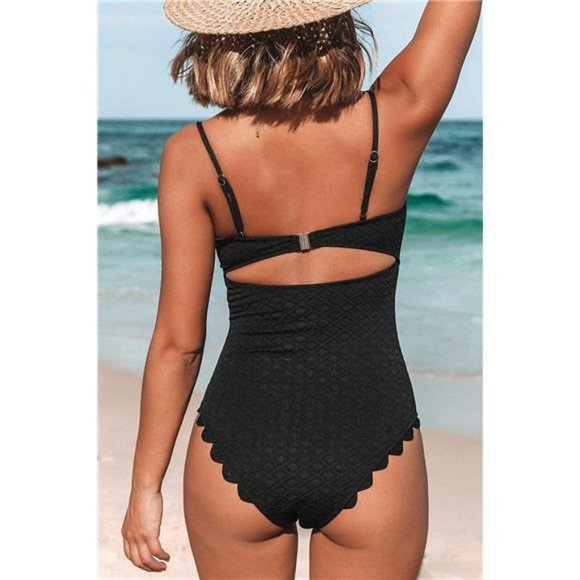Women's One Piece Swimsuit Sexy Black Cutout Scallop Trim Bathing Suit - Picture 5 of 6